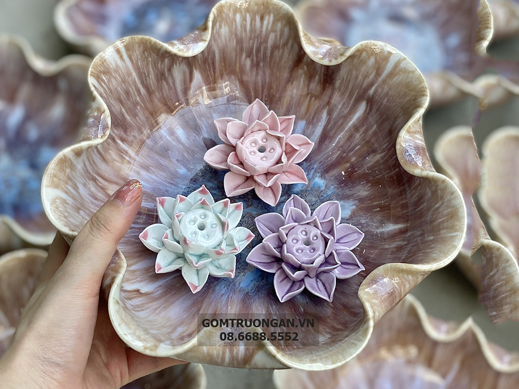 Bát thả hoa thần tài đường kính 20cm men hỏa biến hoàng thổ kèm chân đế(không bao gồm sen sứ) 4